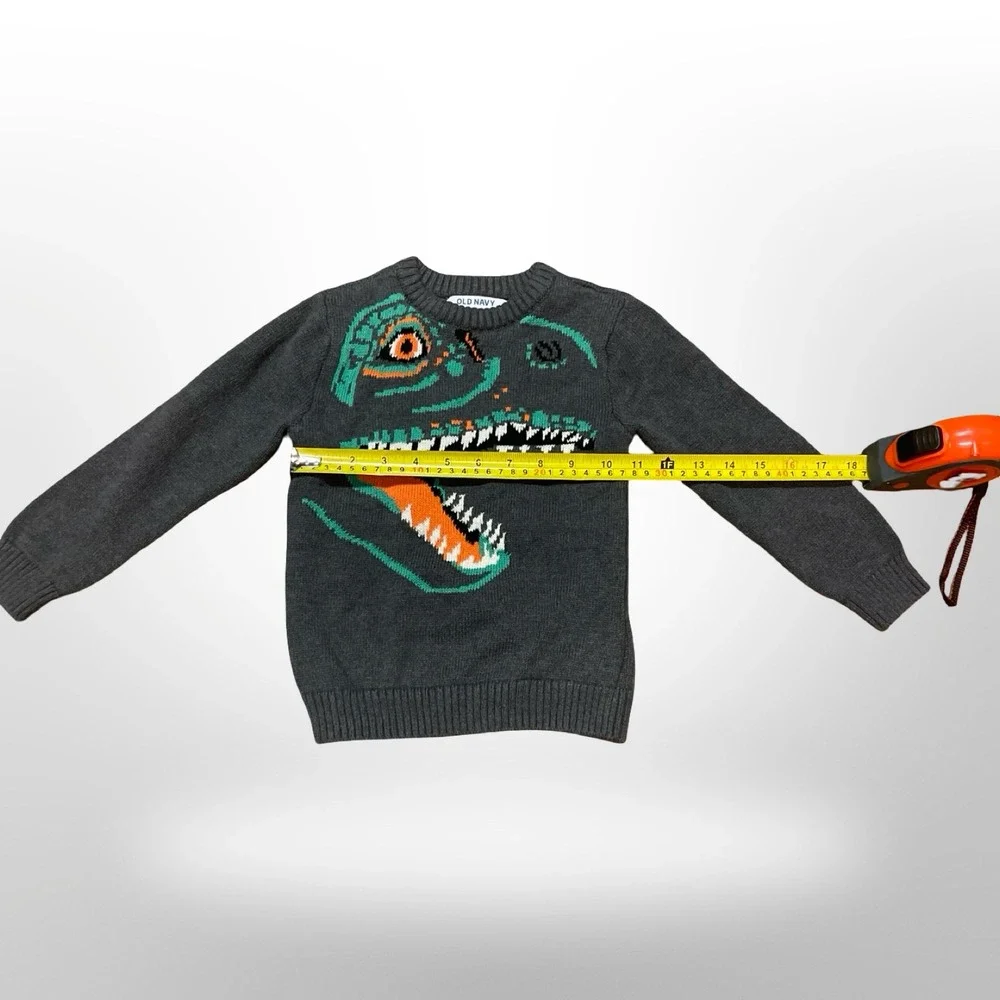 Old Navy Boys Gray Dinosaur T-Rex Knit Sweater Pullover‎ 4T Charcoal Teal Orange